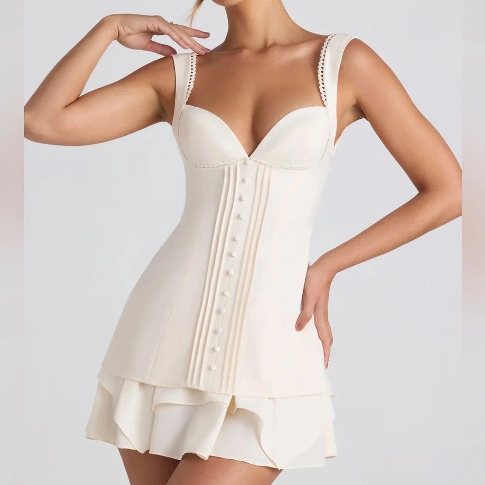 Oh Polly Cassandra Cream Ivory Mini Dress Button-Details - Picture 1 of 11